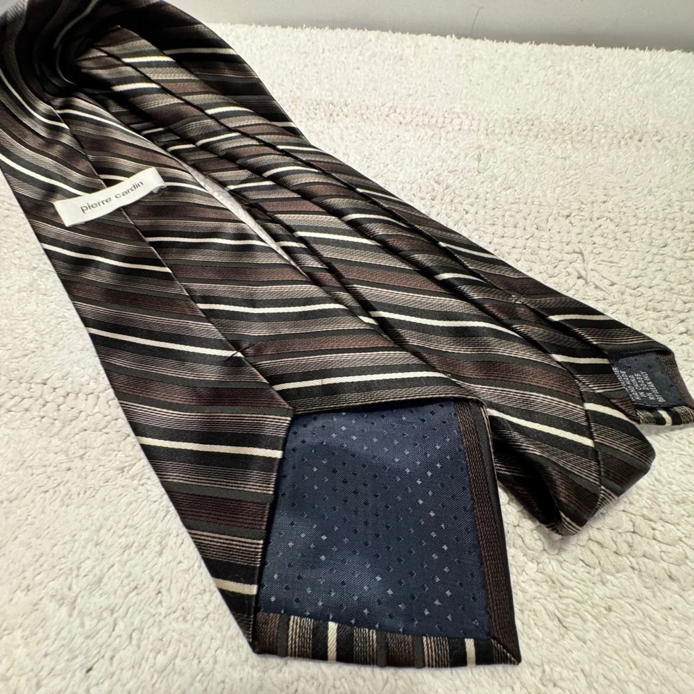 Pierre Cardin Tie Brown Black White Striped Business Formal Necktie Luxury VTG